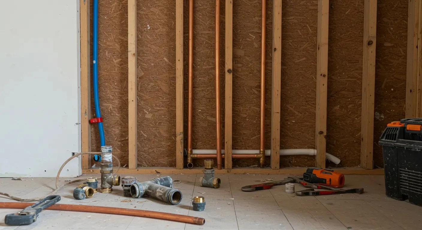 New copper pipes are installed vertically on a wooden wall frame, with a blue PEX pipe on the side and various plumbing tools and old pipes on the floor.
