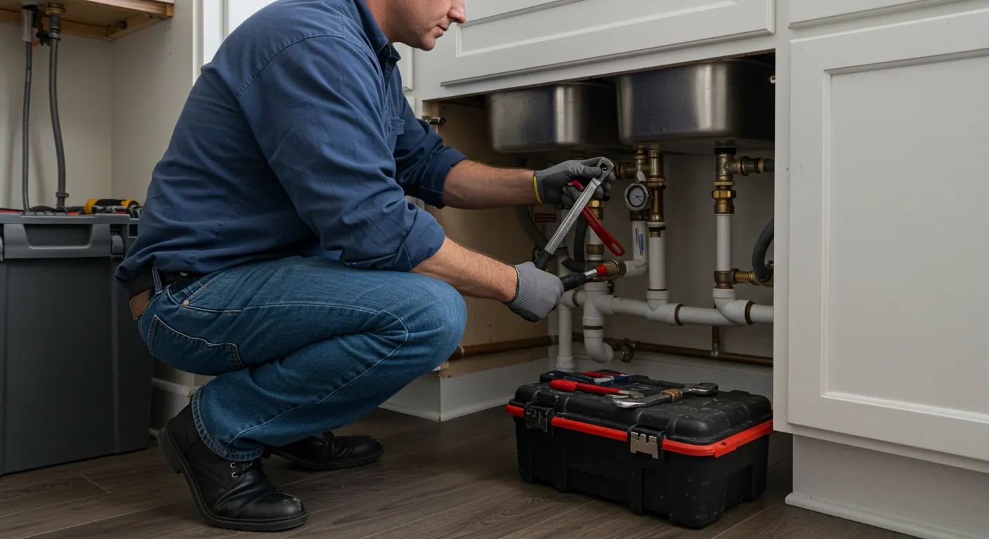 Plumber using a wrench to work on brass and PVC pipe connections under a double sink.