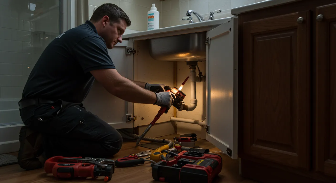 Plumber kneeling to repair a sink P-trap with a headlamp on in a dimly lit cabinet.