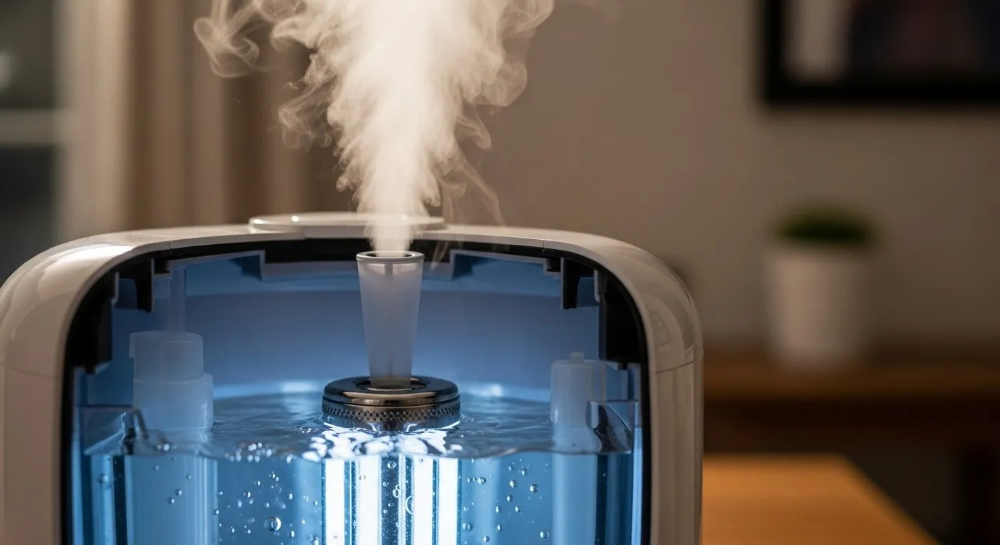 Sectional view of ultrasonic humidifier generating mist.