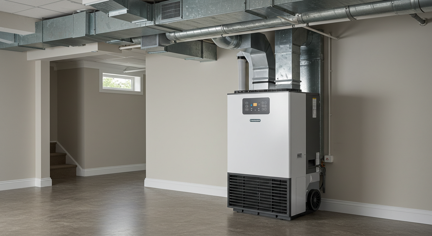 Whole-house dehumidifier connected to basement ductwork.