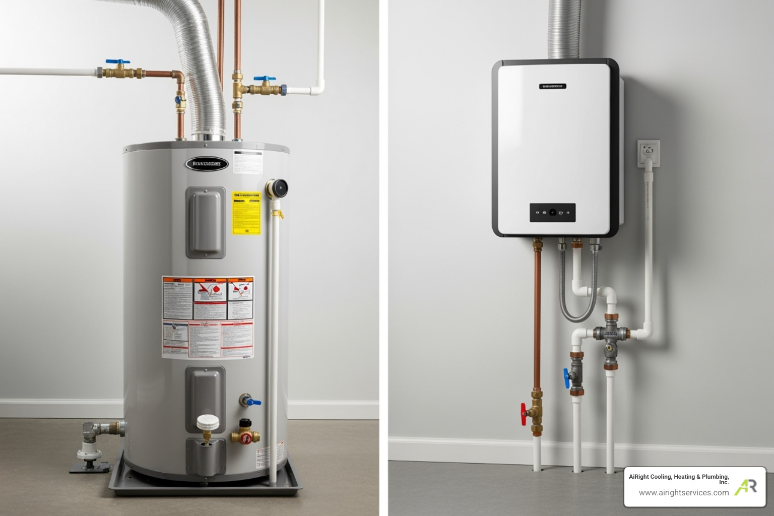 side-by-side tank and tankless water heaters illustrating modern options - water heaters upgrade in temecula ca