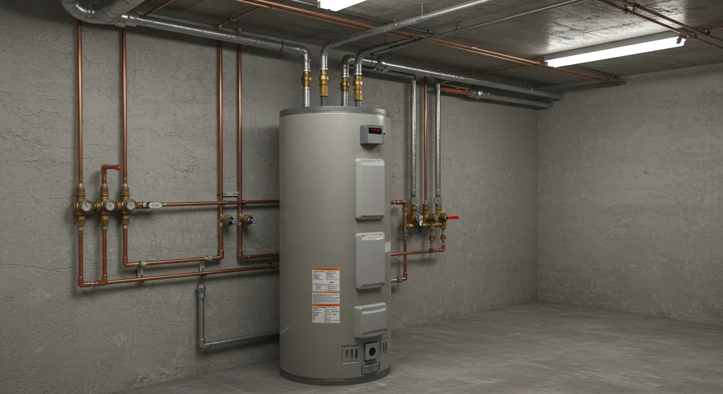 A gray water heater in a basement-like room with exposed pipes and overhead lighting.