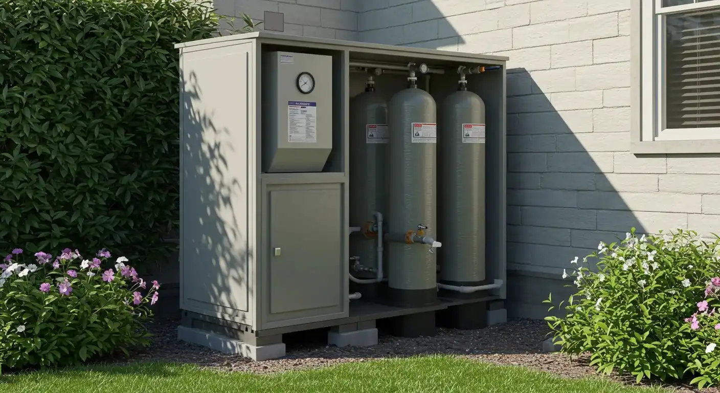 An outdoor water treatment system in a metal enclosure against a brick wall.
