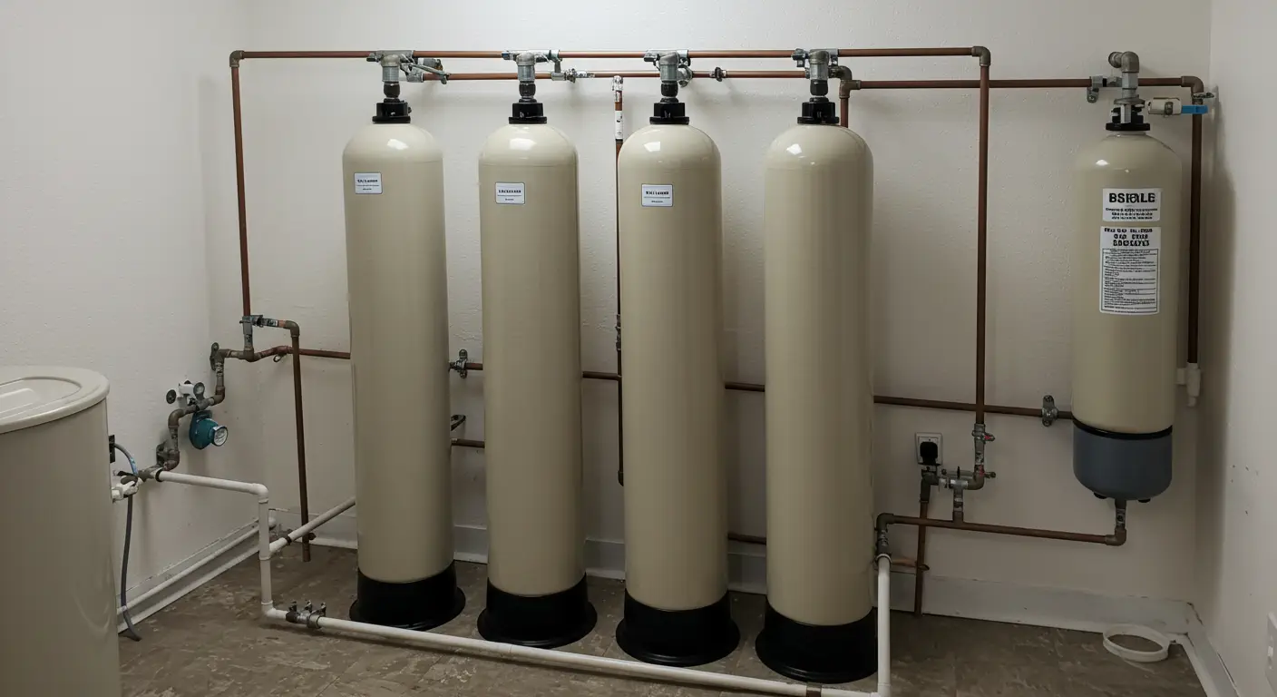A complex water softening and filtration system installed in a room with gray floors and white walls. The system consists of five large, cylindrical tanks of varying sizes and colors connected by a network of copper pipes. The two largest tanks on the left are beige with black bases. To their right are two gray tanks with black bases, and a smaller, white tank hangs on the far right. The copper pipes form a rigid structure, directing water through each tank.