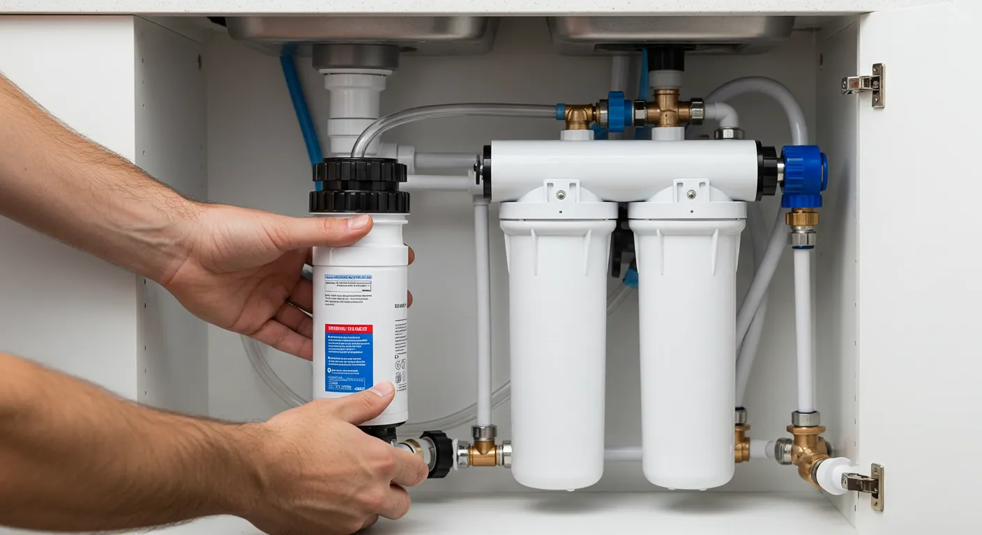 A person installs a new filter cartridge into a multi-stage water filtration system under a double-basin sink.