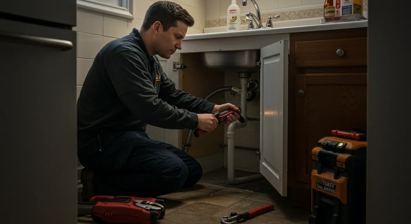 Plumber using a power tool to work on pipes under a kitchen sink.