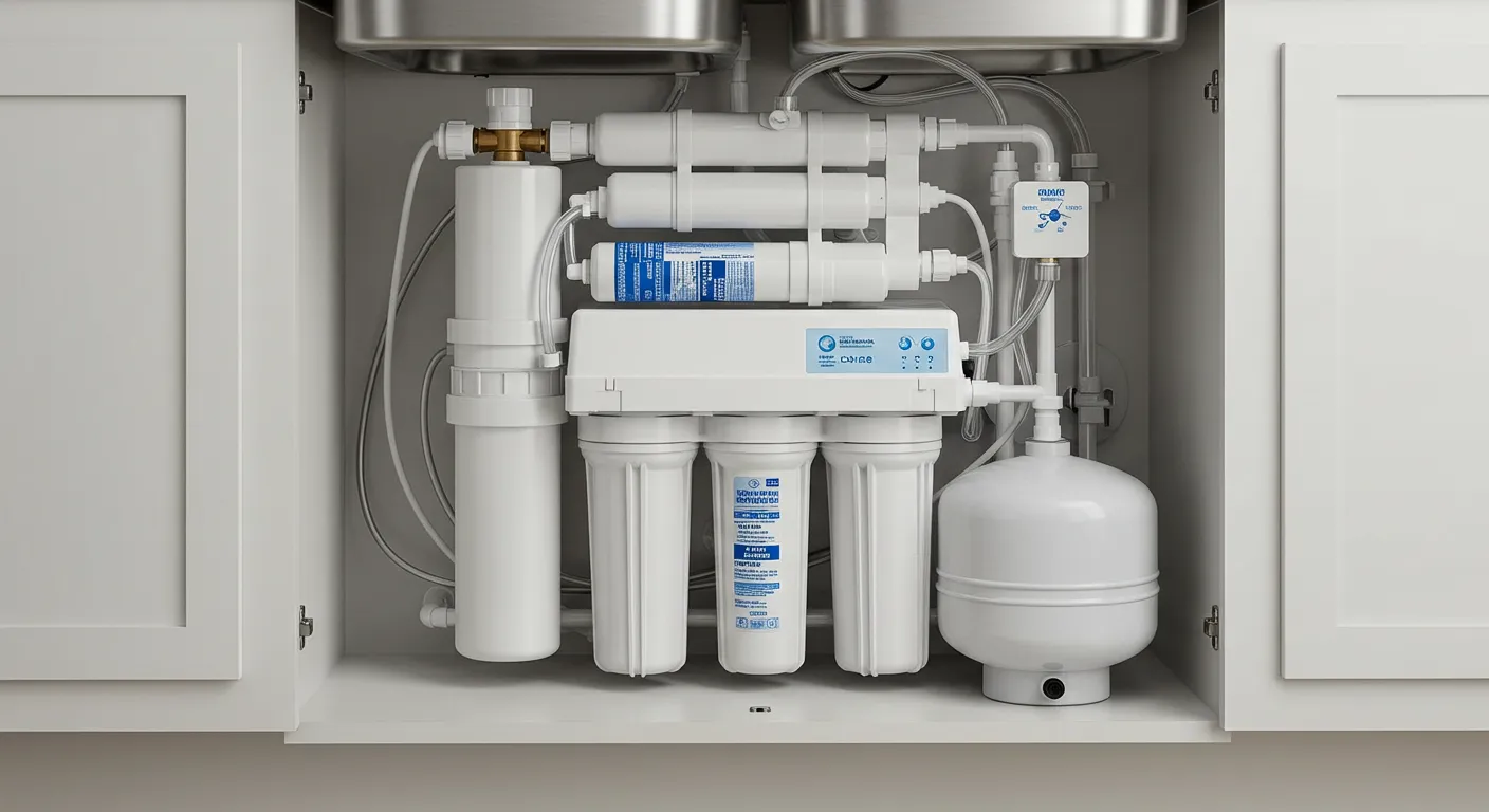 A compact multi-stage reverse osmosis system with a storage tank installed under a kitchen sink.