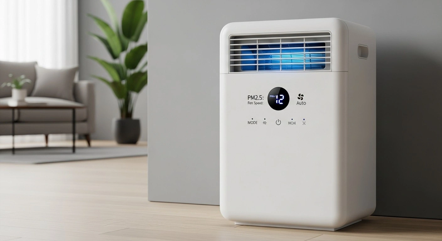 White air purifier with UV light on.