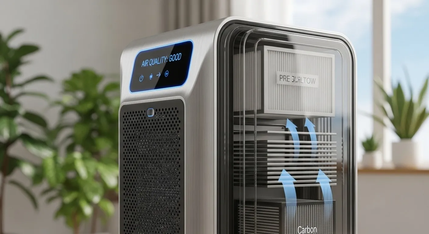 Air purifier with filter stages visible.