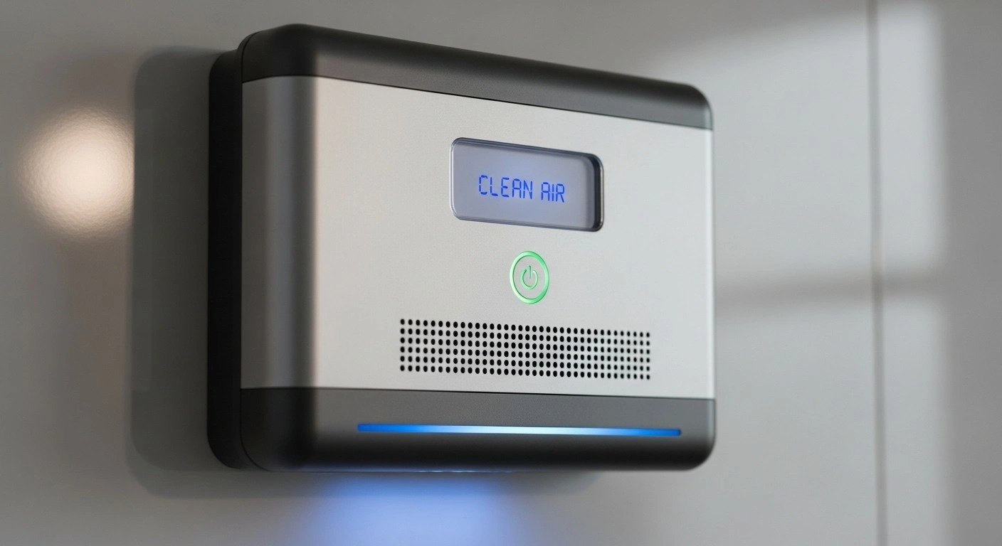 Wall-mounted air quality monitor displaying "CLEAN AIR".