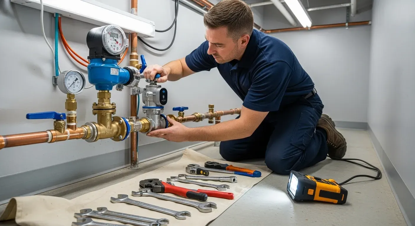 Plumber installing a large blue and brass water meter or leak detection system on basement plumbing.