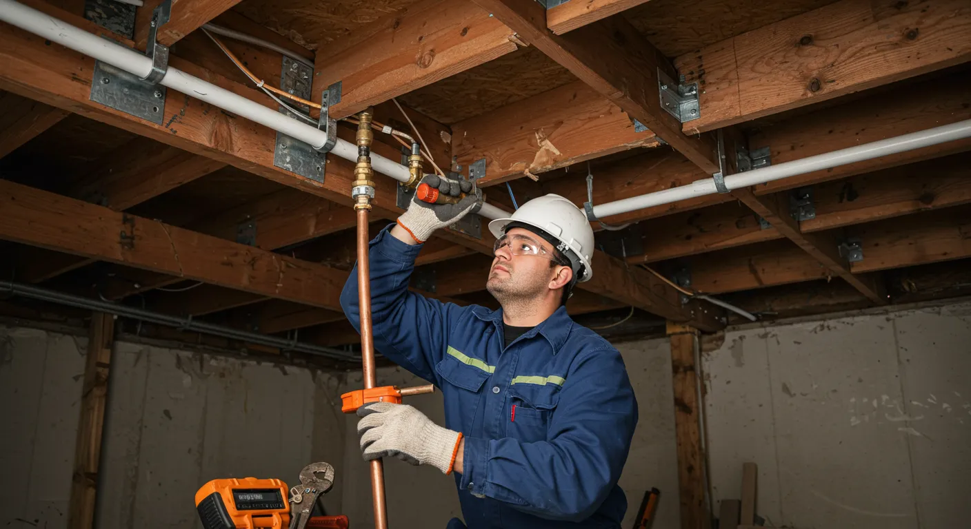 A plumber in a hard hat and safety glasses is using a wrench to tighten a brass fitting on a copper pipe system in a basement or crawlspace.