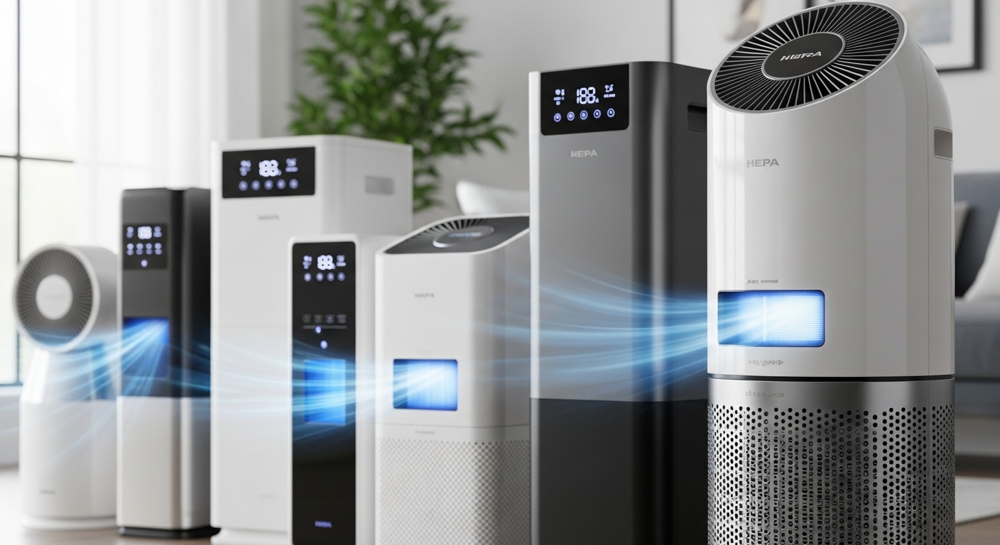 Group of HEPA air purifiers in a row.