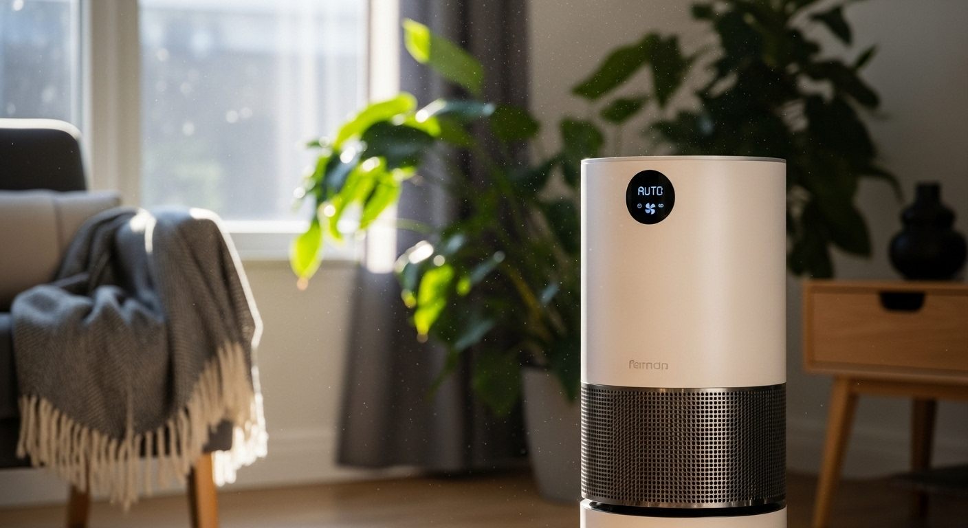 Air purifier in "AUTO" mode in sunlight.