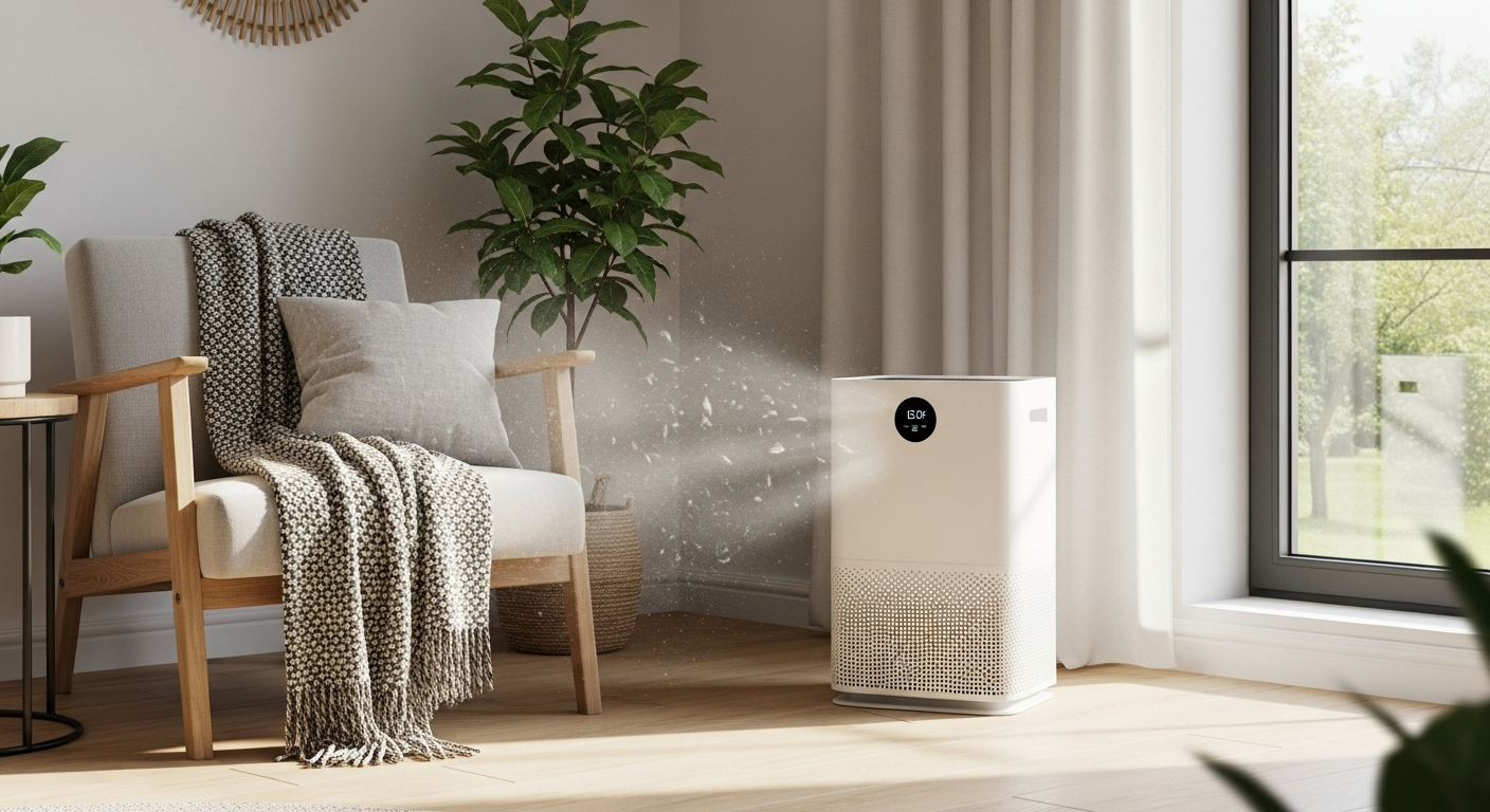 Air purifier releasing particles near armchair.