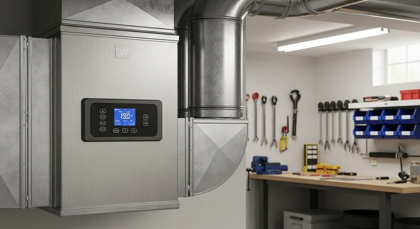 HVAC unit with control panel in workshop.