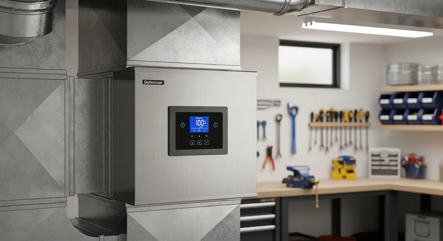 Duct-mounted HVAC control unit in workshop.