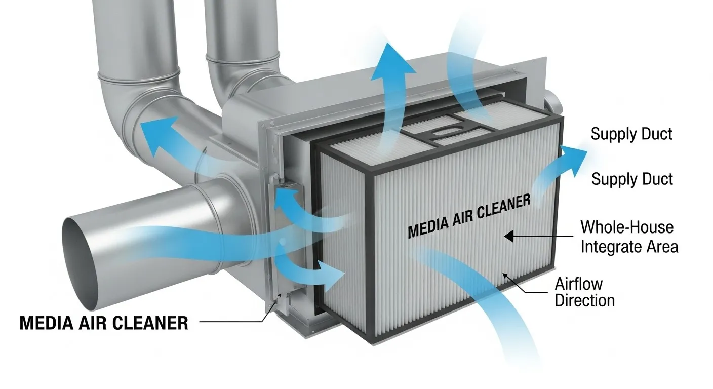 Whole-house media air cleaner airflow diagram.