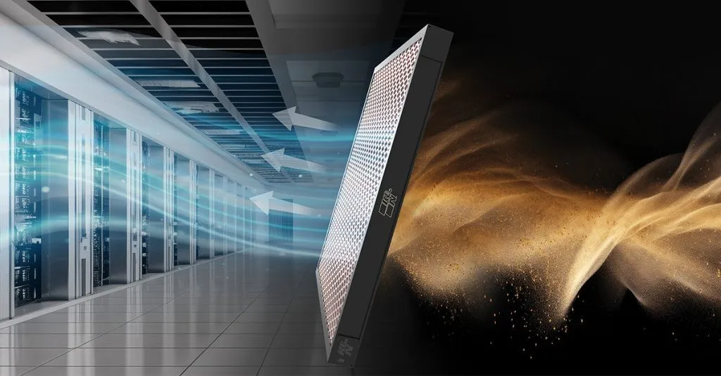 Air filter separating clean air from particles.