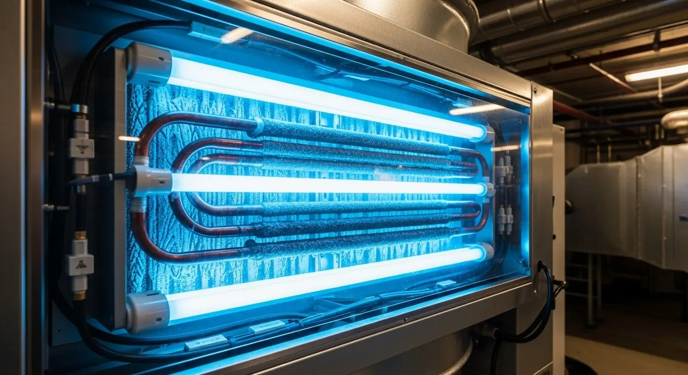 Multiple UV lights inside large air handler.