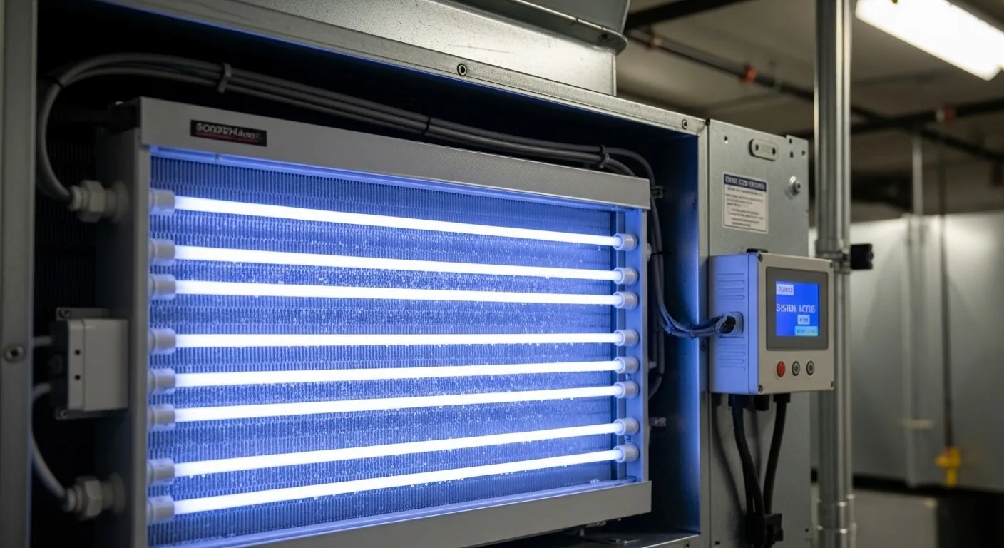 Multiple UV lights purifying air in HVAC.