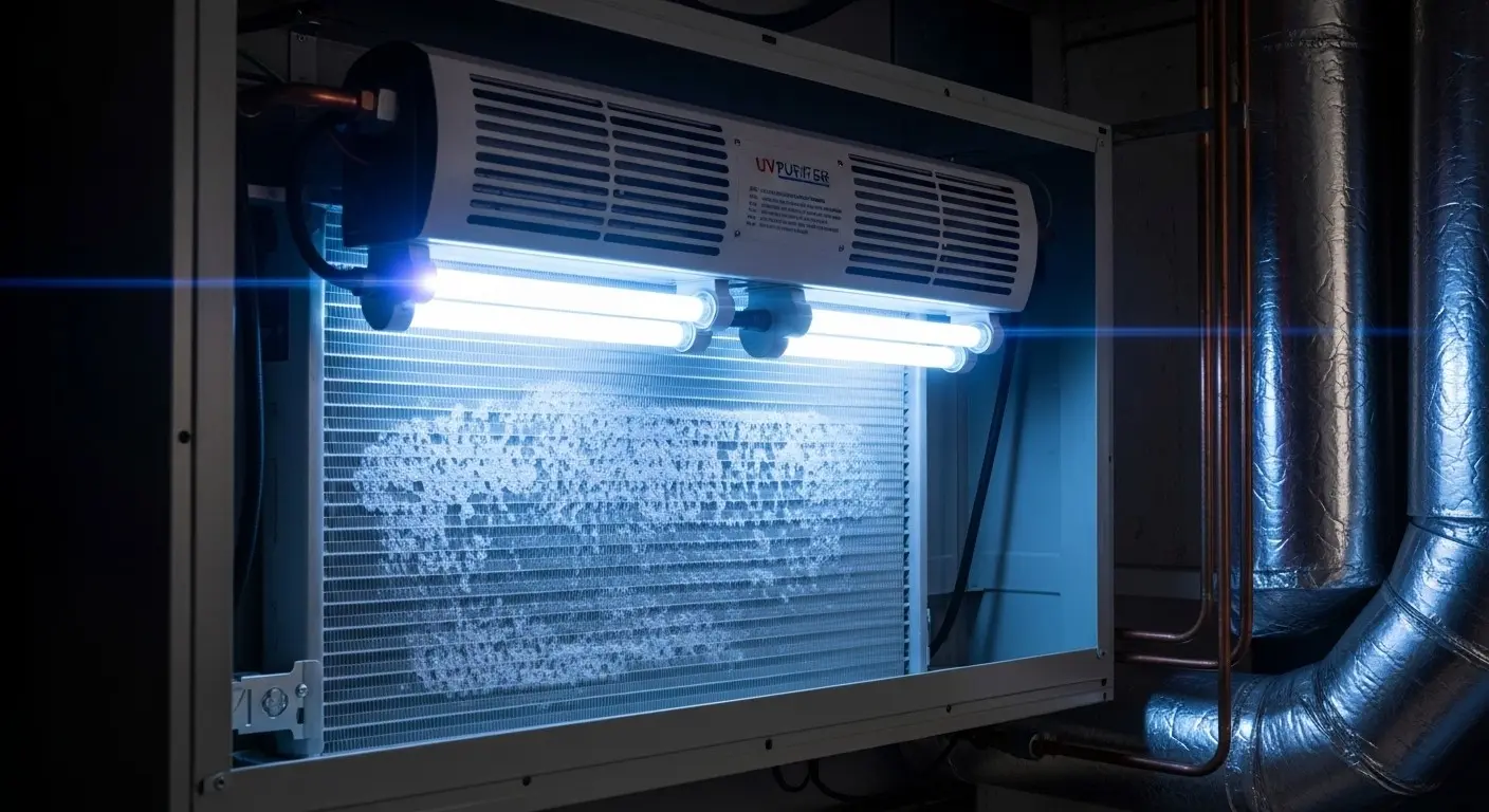 UV purifier cleaning dirty HVAC coil.