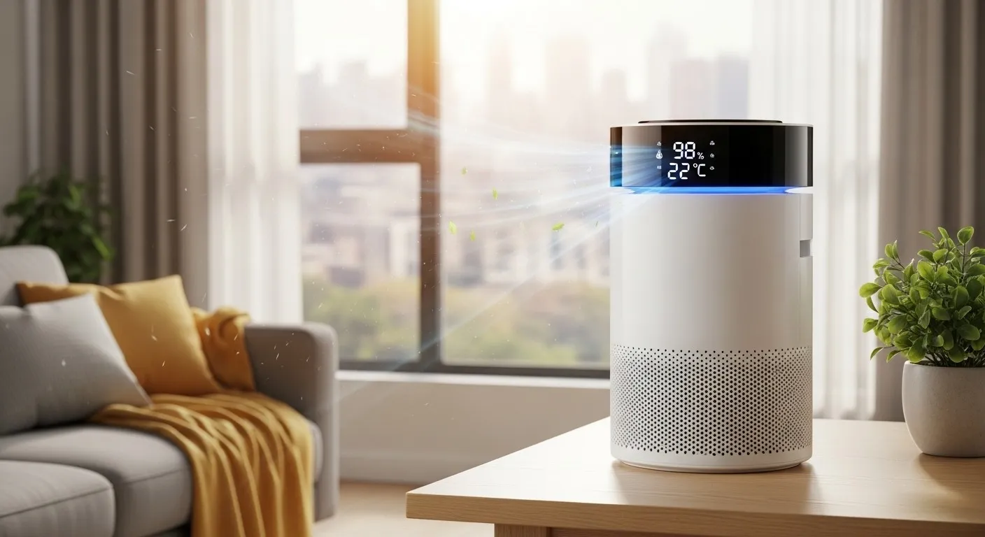 Air purifier displaying metrics in sunny room.