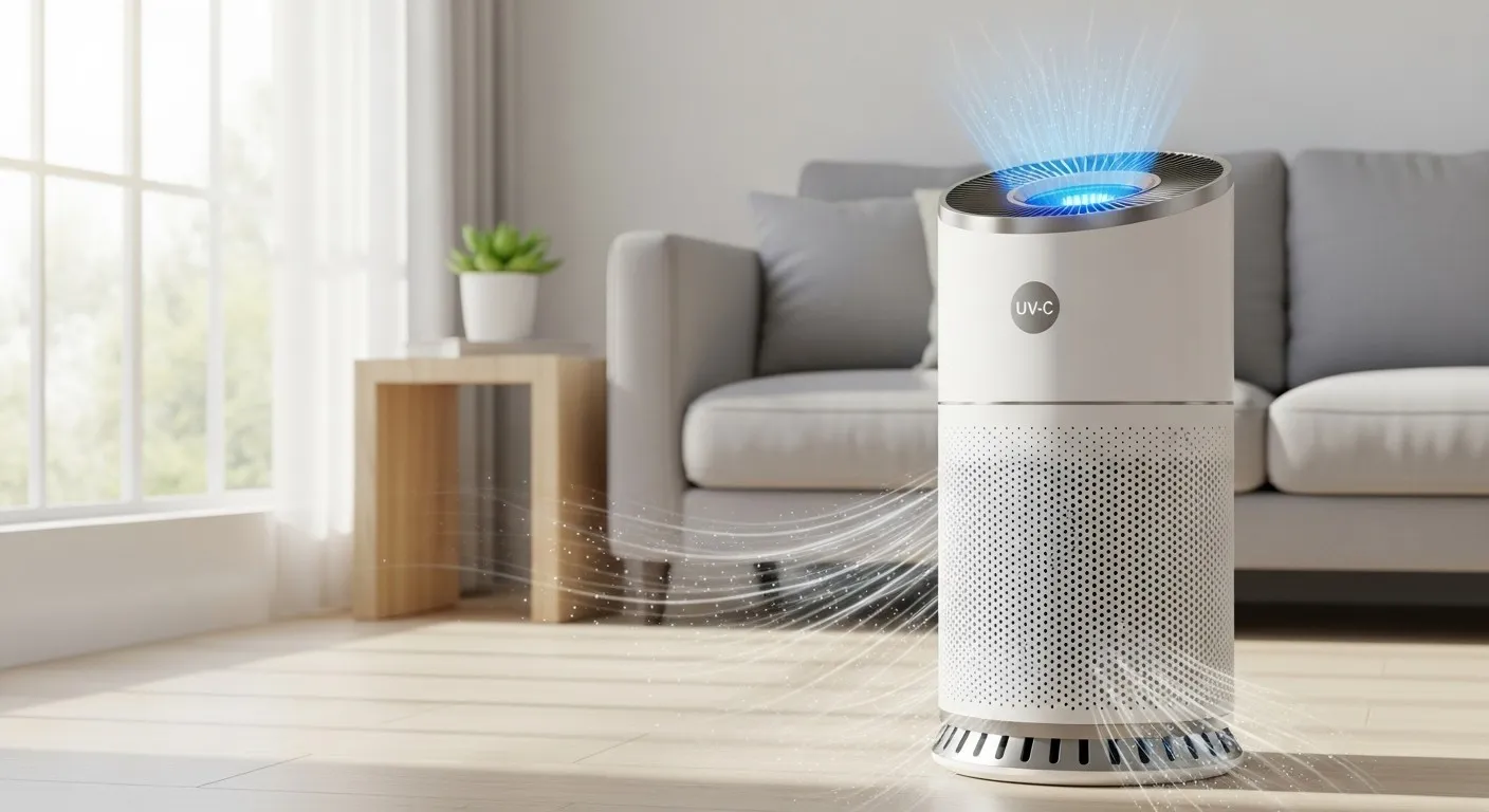 UV-C air purifier circulating air in living room.
