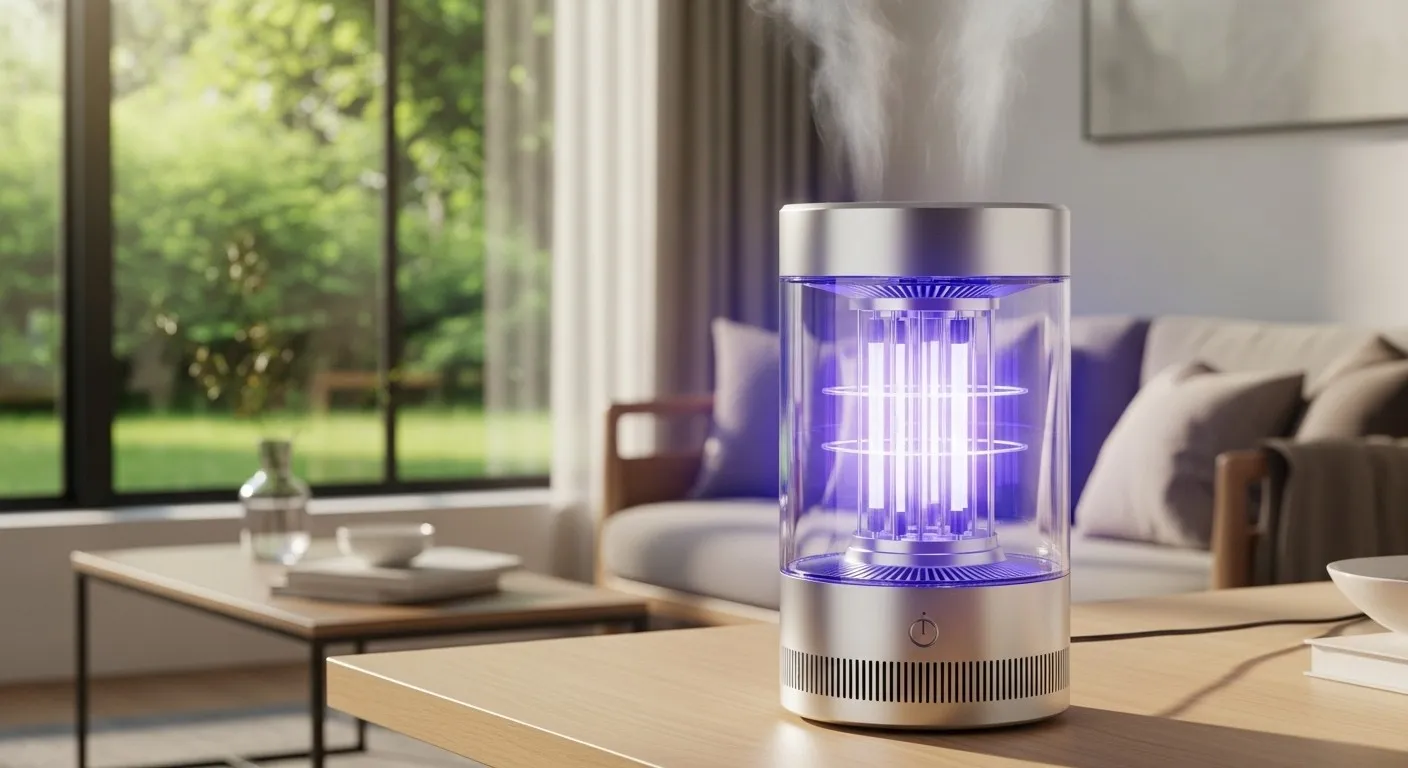 UV light air purifier on wooden table.