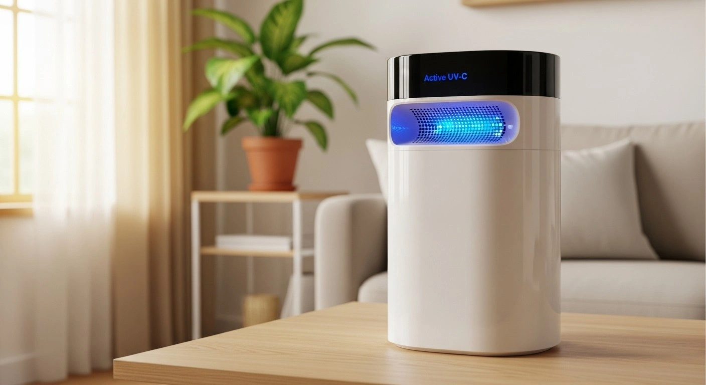 Active UV-C air purifier on wooden table.