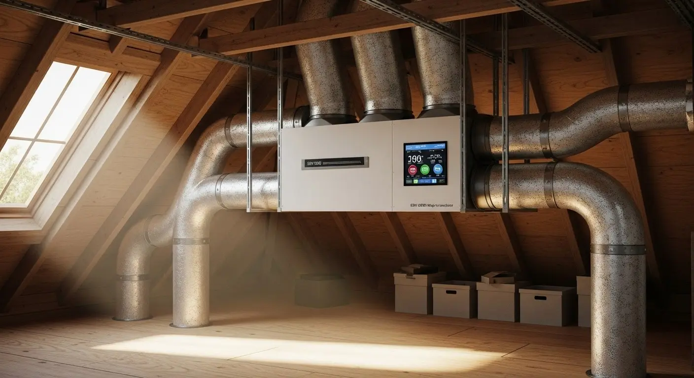 ERV system in attic with exposed ducts.