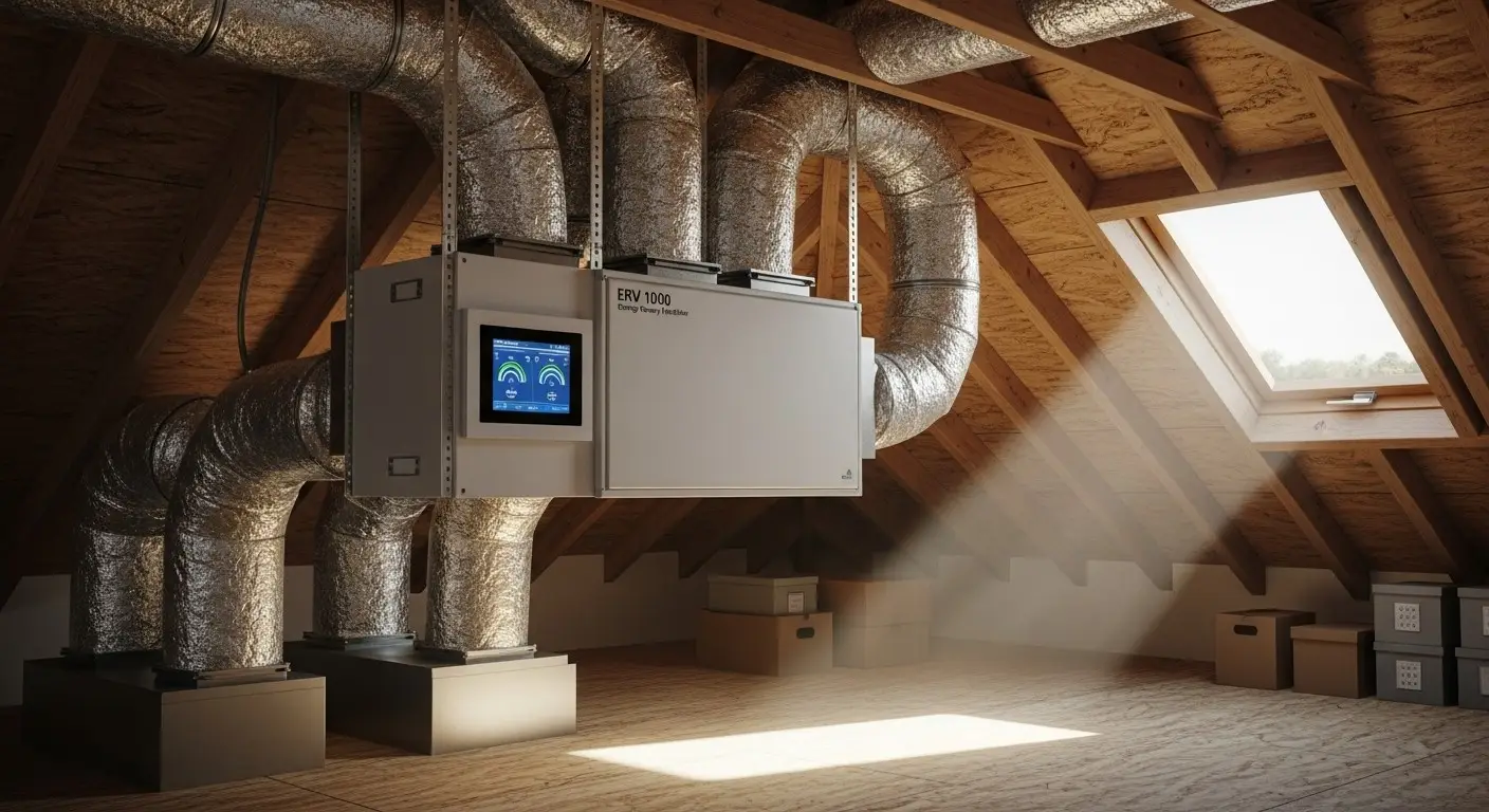 ERV unit and ductwork installed in attic.