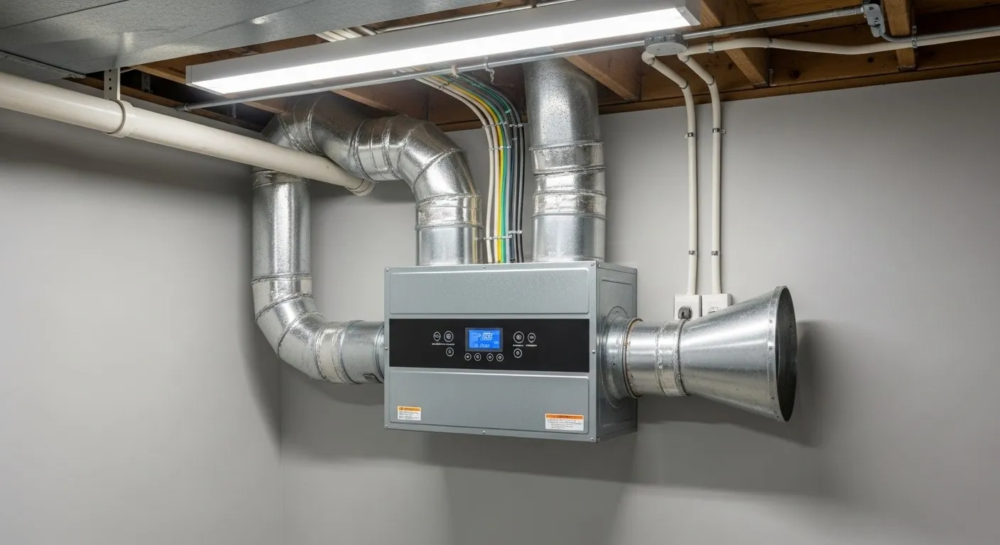 Ventilation system with metal ducts and controller.