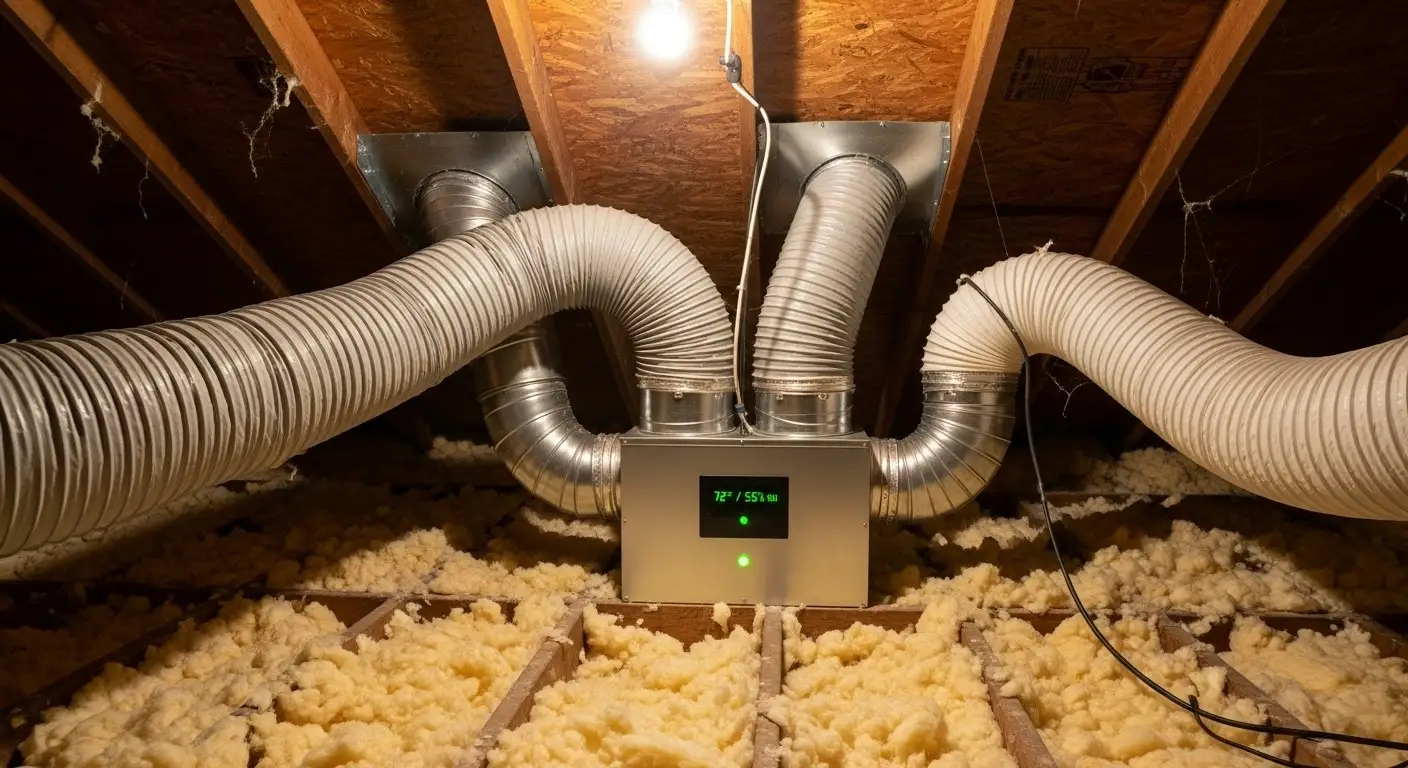 Ventilation system with ducts in insulated attic.