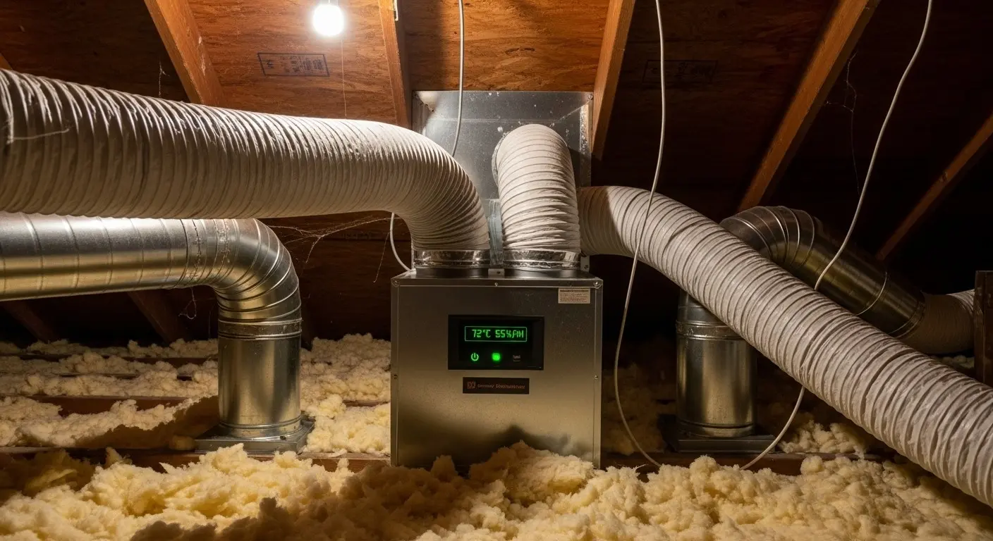 ERV unit with ducts in insulated attic.