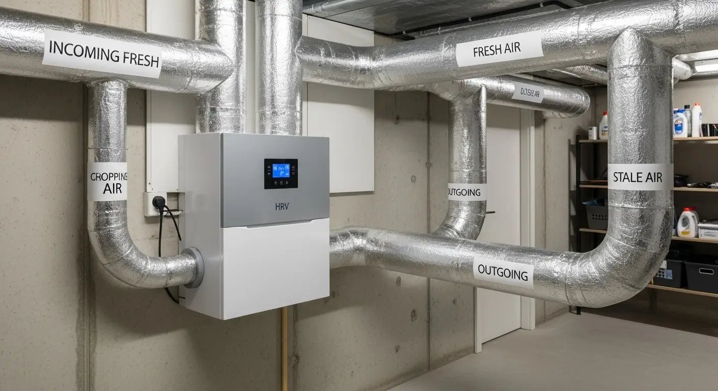 HRV unit with labeled insulated ductwork.