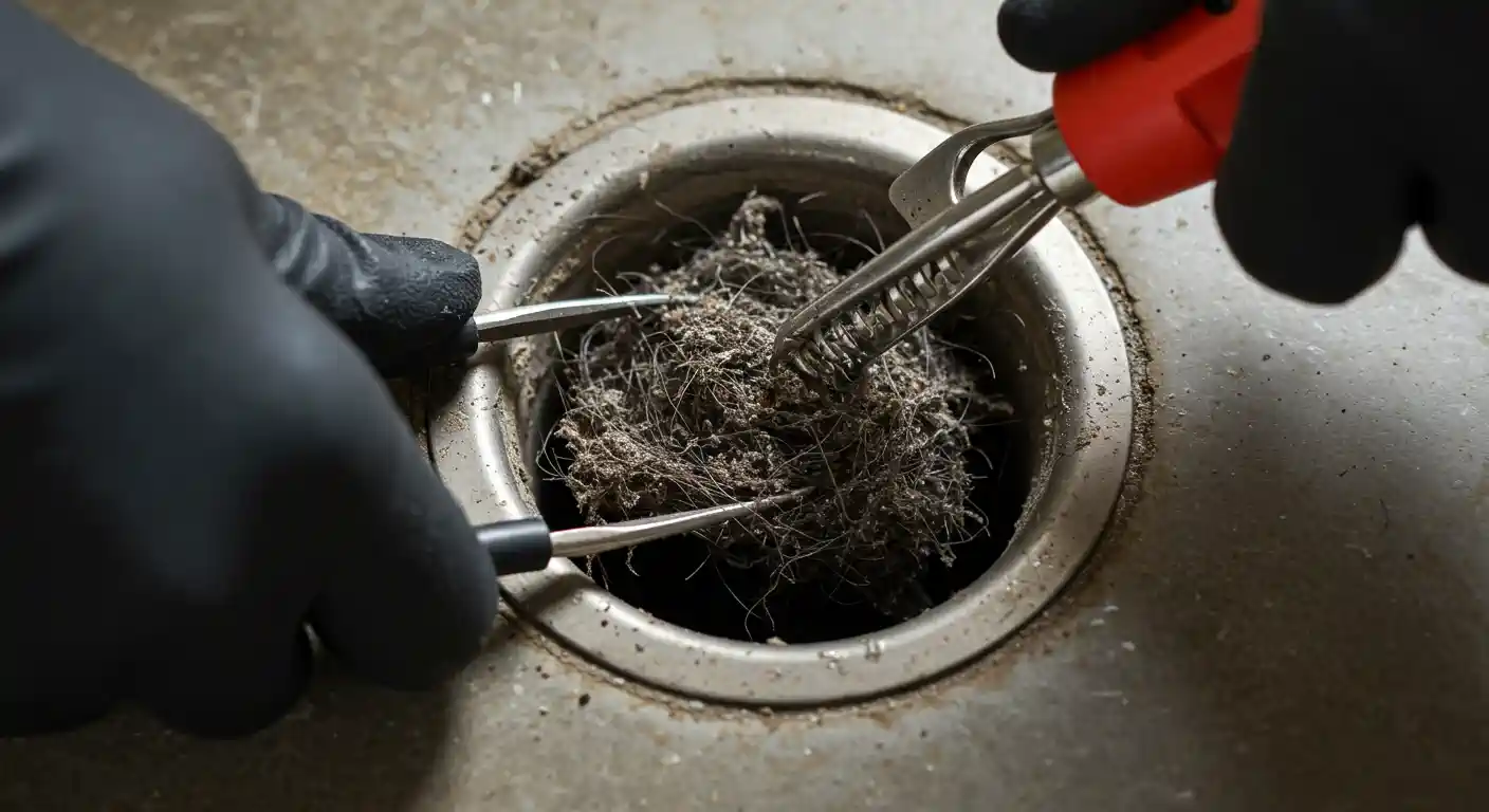  A close-up shot shows a pair of hands in black gloves using small plumbing tools—one a pointed pick and the other a flexible drain claw with a red handle—to pull a dense, matted wad of dark hair, dirt, and debris from a metal sink drain opening.