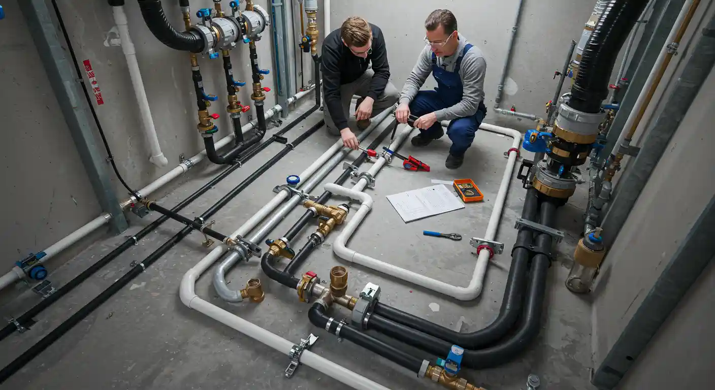  Two male technicians are crouching on a grey concrete floor, examining a complex network of commercial plumbing pipes, which includes white and black pipes, brass fittings, and numerous valves, all mounted against light concrete walls. They are consulting a blueprint and using tools to work on the system.