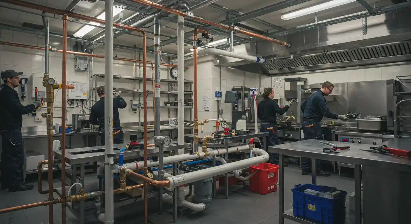 A wide shot of a brightly lit commercial kitchen or facility where four technicians in dark uniforms are installing or maintaining plumbing and equipment. A dense network of overhead and floor-level copper and insulated white/blue pipes dominates the foreground, running past stainless steel counters and cooking equipment.