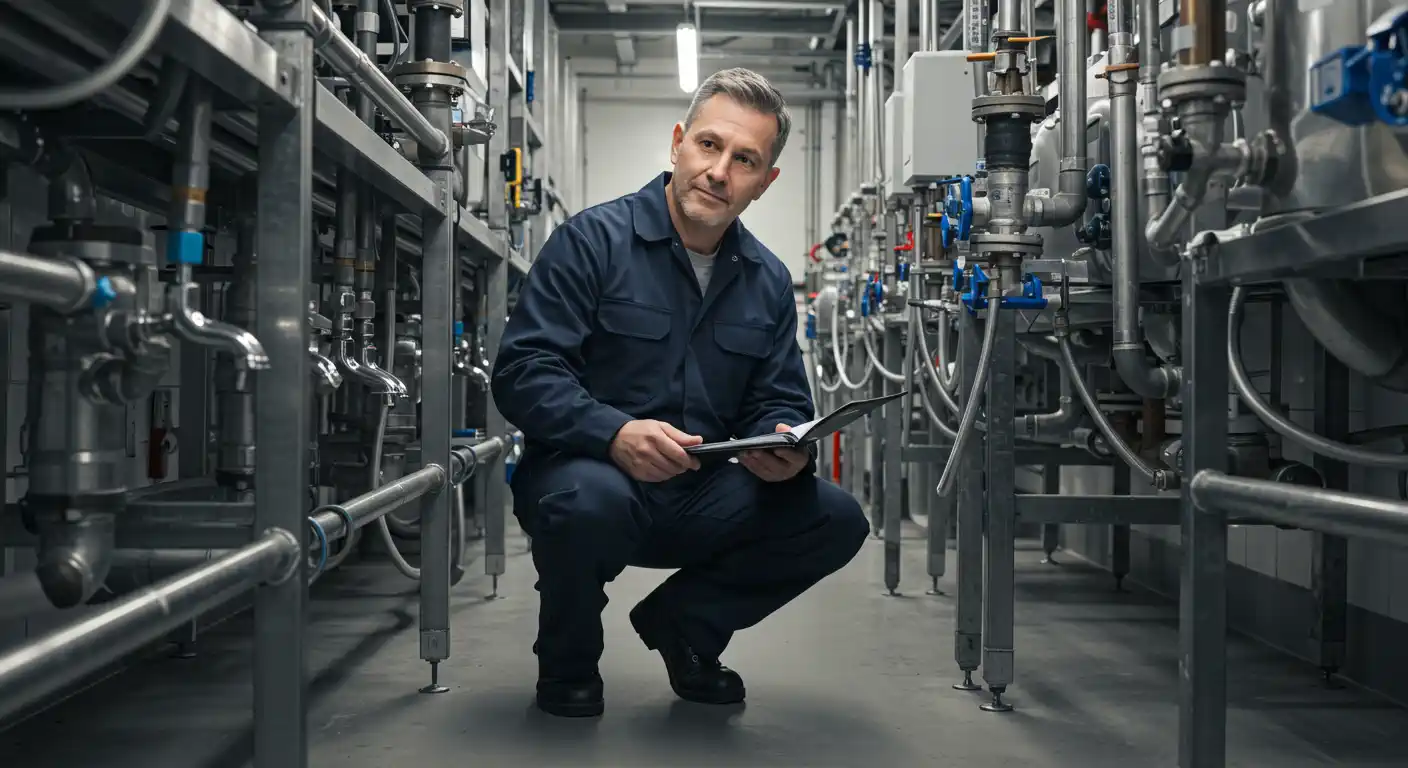  A smiling, middle-aged male technician with grey hair, wearing a dark blue uniform, is crouching between rows of industrial metal piping and machinery in a narrow utility corridor. He is holding an open black notebook or manual in his hands.