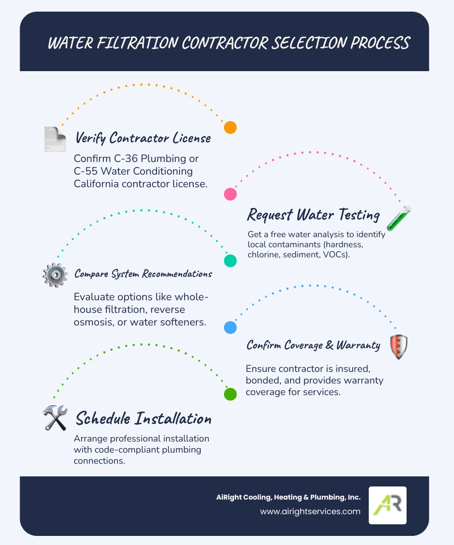 Infographic showing the water filtration contractor selection process: Step 1 - Verify C-36 or C-55 California contractor license; Step 2 - Request free water testing to identify local contaminants like hardness, chlorine, sediment, VOCs; Step 3 - Compare system recommendations for whole-house filtration, reverse osmosis, or water softeners; Step 4 - Confirm insurance, bonding, and warranty coverage; Step 5 - Schedule professional installation with code-compliant plumbing connections - licensed water filtration contractor in temecula ca infographic infographic-line-5-steps-blues-accent_colors Infographic showing the water filtration contractor selection process: Step 1 - Verify C-36 or C-55 California contractor license; Step 2 - Request free water testing to identify local contaminants like hardness, chlorine, sediment, VOCs; Step 3 - Compare system recommendations for whole-house filtration, reverse osmosis, or water softeners; Step 4 - Confirm insurance, bonding, and warranty coverage; Step 5 - Schedule professional installation with code-compliant plumbing connections - licensed water filtration contractor in temecula ca infographic infographic-line-5-steps-blues-accent_colors