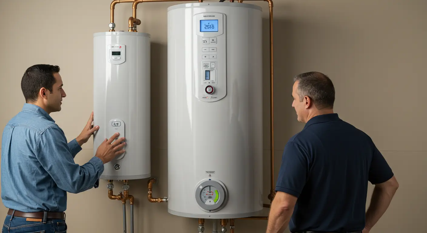 Two men are standing in front of a pair of large, cylindrical water heating units mounted on a beige wall, connected by copper piping. The man on the left, wearing a denim shirt, is touching the smaller unit, which has a digital display and controls. The man on the right, wearing a dark blue shirt, is facing the first man and the larger central unit, which also features a digital control panel at the top and a circular temperature gauge or control near the bottom with a green indicator. The overall setup suggests a high-capacity residential or commercial hot water installation, likely using storage tanks.