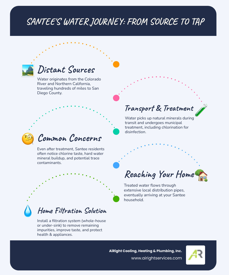 infographic showing the path of water from Colorado River and Northern California sources through treatment facilities to Santee homes, highlighting where minerals, chlorine, and potential contaminants enter the supply, and how different filtration systems address these issues at various points - best water filtration company in santee ca infographic infographic-line-5-steps-blues-accent_colors