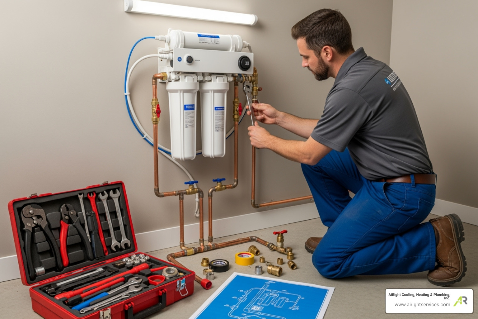 professional plumber neatly installing a water filtration system - best water filtration company in santee ca