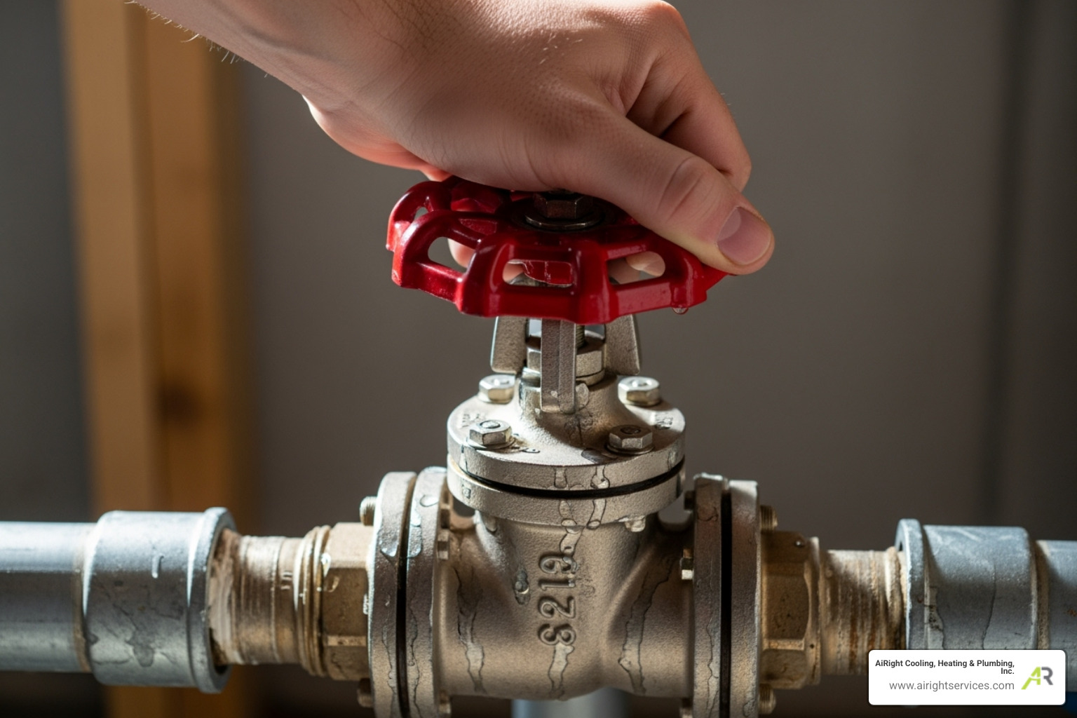 of a hand turning a main water shut-off valve - emergency plumbing repair in menifee ca of a hand turning a main water shut-off valve - emergency plumbing repair in menifee ca