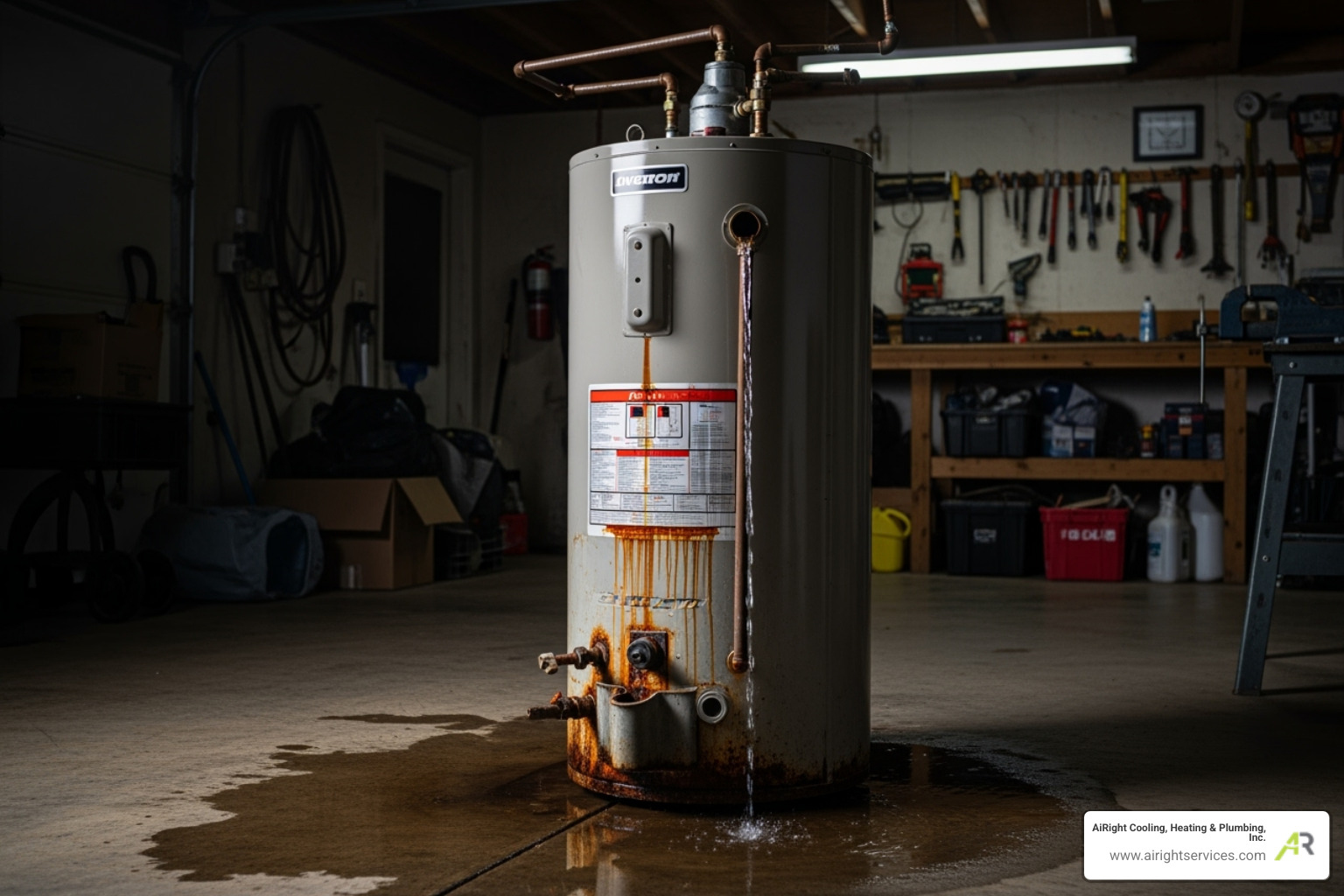 rusty, leaking water heater in a garage - new water heaters installation in poway ca