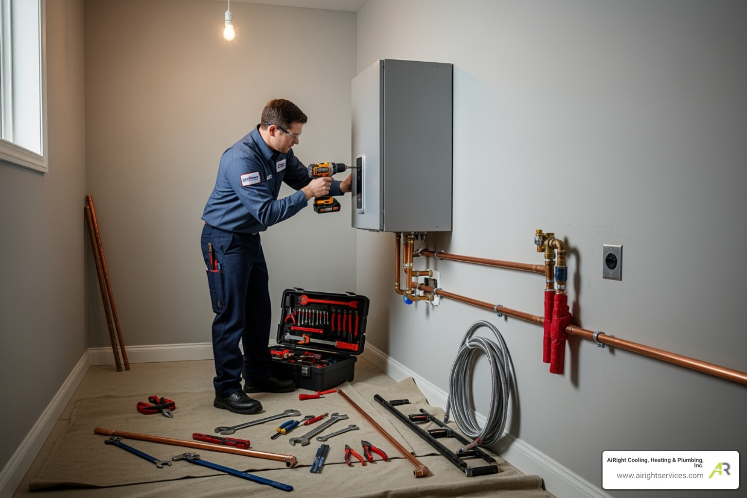 A technician neatly installing a new tankless water heater - certified water heaters technician in chula vista ca A technician neatly installing a new tankless water heater - certified water heaters technician in chula vista ca