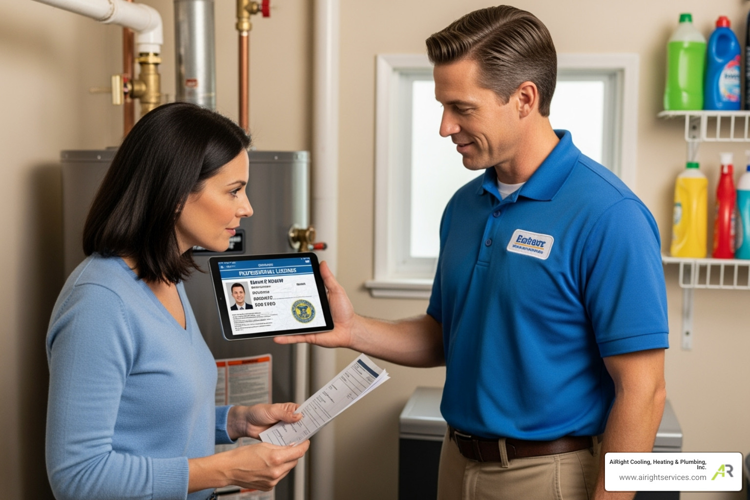 A technician showing a homeowner their state license on a digital tablet - certified water heaters technician in chula vista ca A technician showing a homeowner their state license on a digital tablet - certified water heaters technician in chula vista ca
