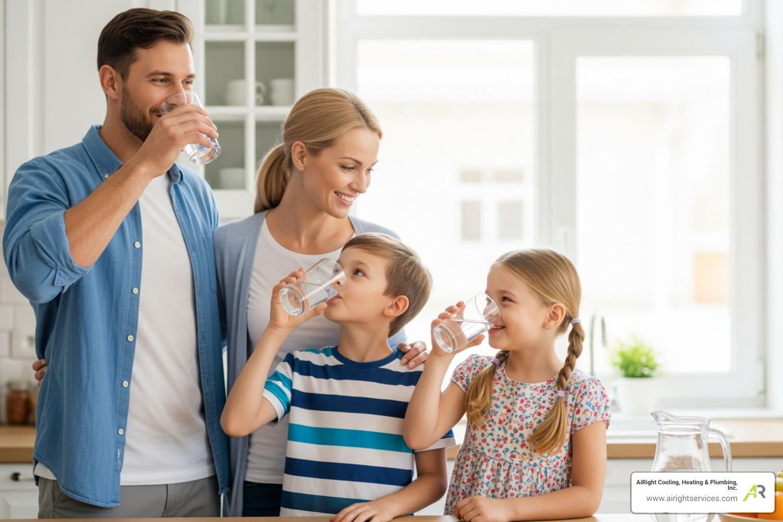 family happily drinking water from glasses in their kitchen - best water filtration company in escondido ca